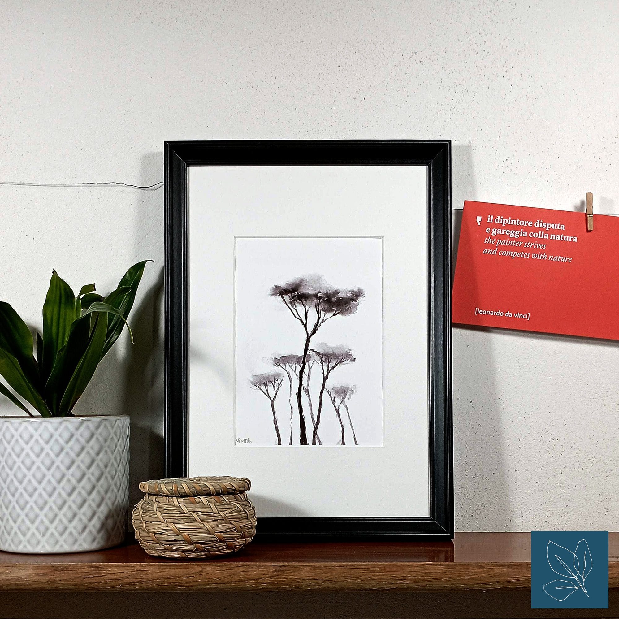 a giclée print featuring pine trees