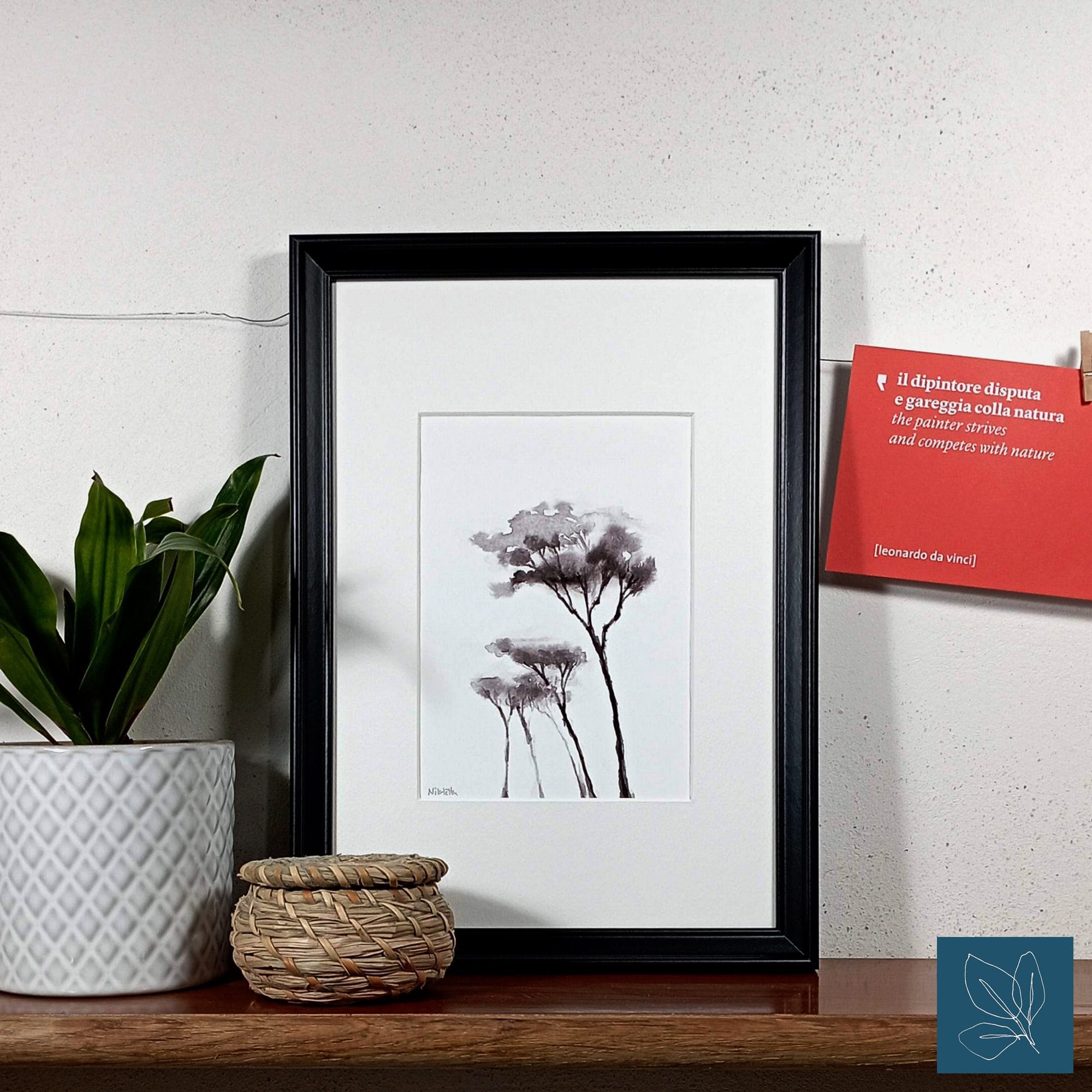 A giclee print featuring pine trees