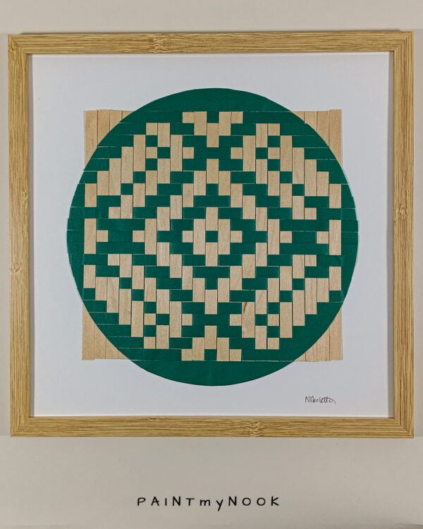 Viridian Geo I Framed wall decor featuring a green colored paperweaving pattern