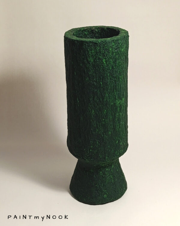 forest stroll vase front A deep green cylindrical papier mache vase with foot