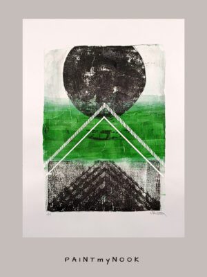 A black white and green monoprint featuring bold geometrical shapes.