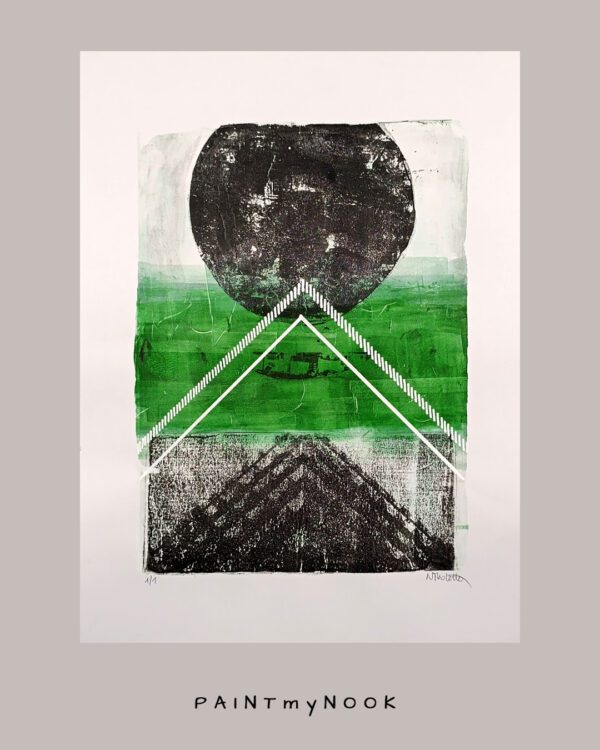A black white and green monoprint featuring bold geometrical shapes.