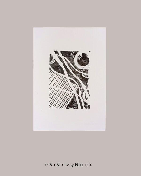 black and white monoprint with an abstract design
