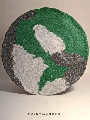 papier-mâché decorative plate with an abstract pattern in three colors: green, graphite, beige