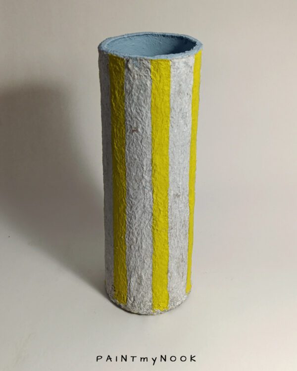 Sunray vase A handpainted papier mache vase, with lemon yellow stripes