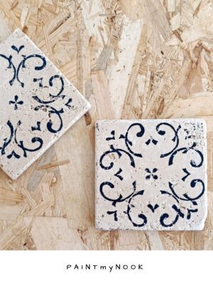 honeysuckle coaster Travertine tile coaster with a floral pattern linoprint on in deep blue color