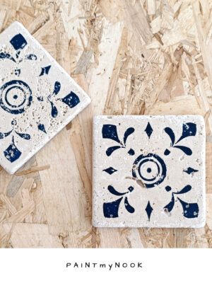 tulip coaster A travertine tile coaster with a deep blue linoprint on